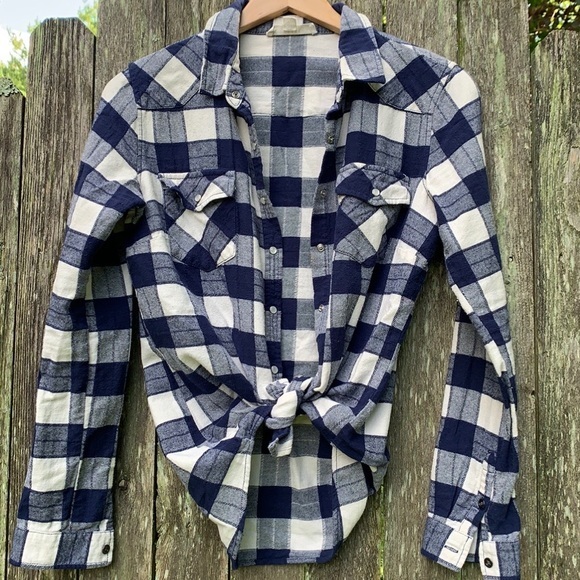 Love Stitch Tops - LOVE STITCH Flannel Pearl Button Down Blue Shirt